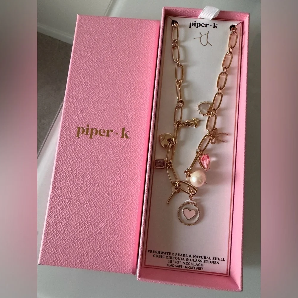 Gold Chain Necklace with pink Pearl Charms